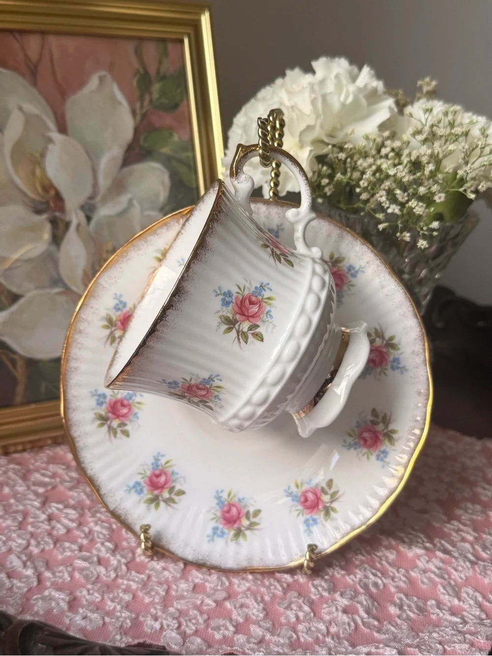 Vintage White Porcelain Teacup and Saucer with Pink Rose Pattern and Gold Trim
